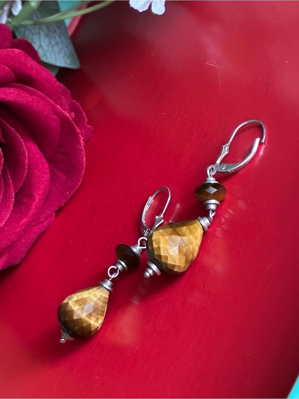 925 Silver Earrings, Faceted Tiger Eye Drop Earrings — Brown and Silver - Picture 5 of 7